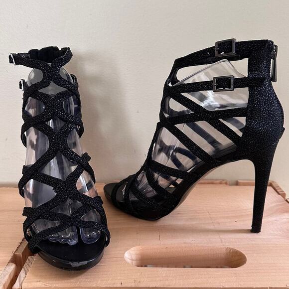 VINCE CAMUTO Cage Black Sparkling Glitter Heels 7.5 Night Out Statement Stiletto - Picture 10 of 16